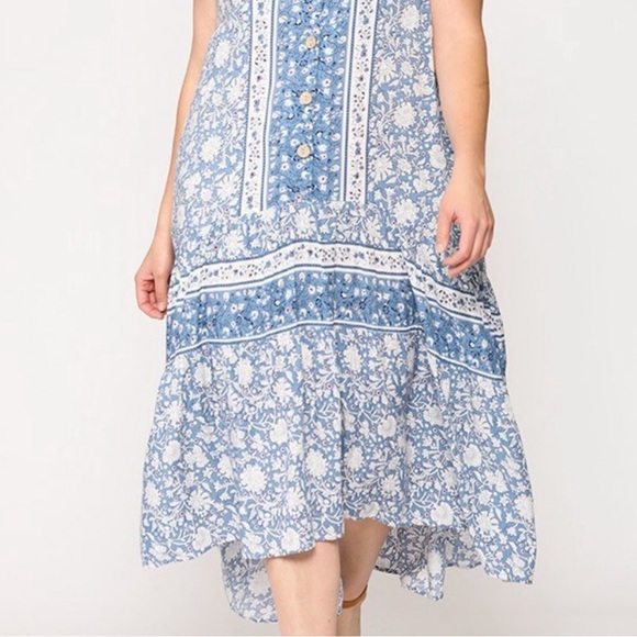 GiGiO Boho Sleeveless V Neck Button Down Long Blue Dress Ruffled Hem Size Medium - Picture 4 of 16